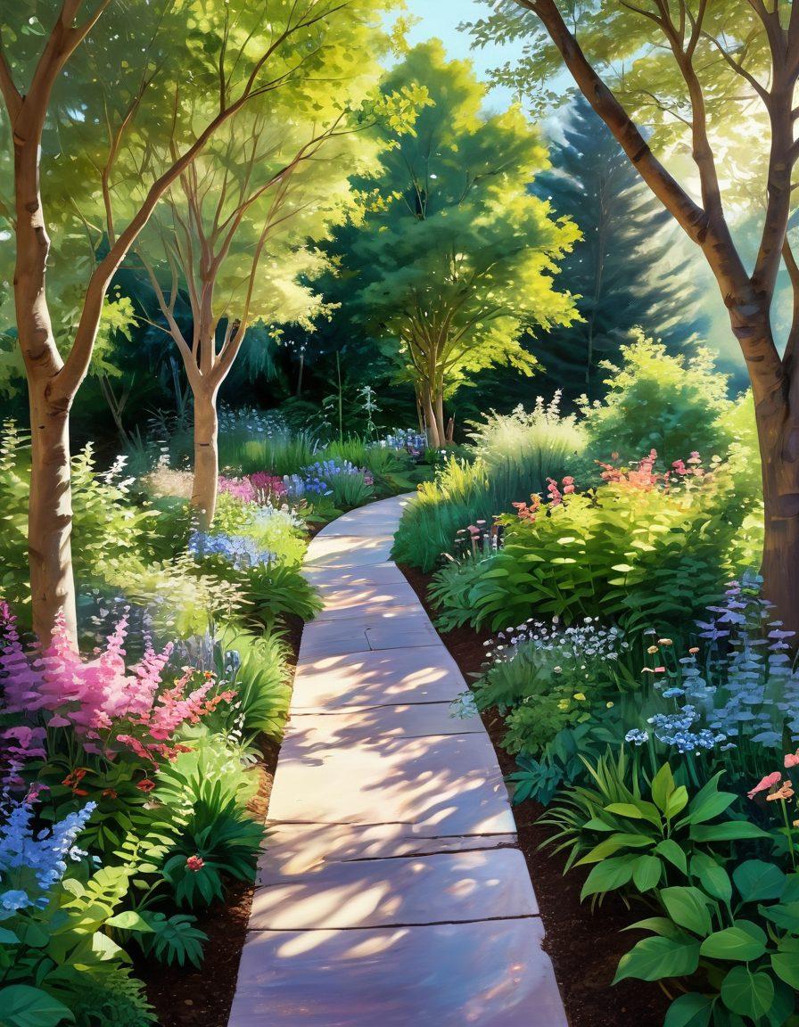 A serene landscape featuring a winding path through a lush garden, symbolizing a journey of hope and healing. Alongside the path, diverse individuals holding hands, representing a supportive community. Gentle sunlight streaming through trees, illuminating resources like books and wellness plants. Soft, pastel colors evoke a sense of calm and empowerment. painting. vibrant colors. uplifting atmosphere.