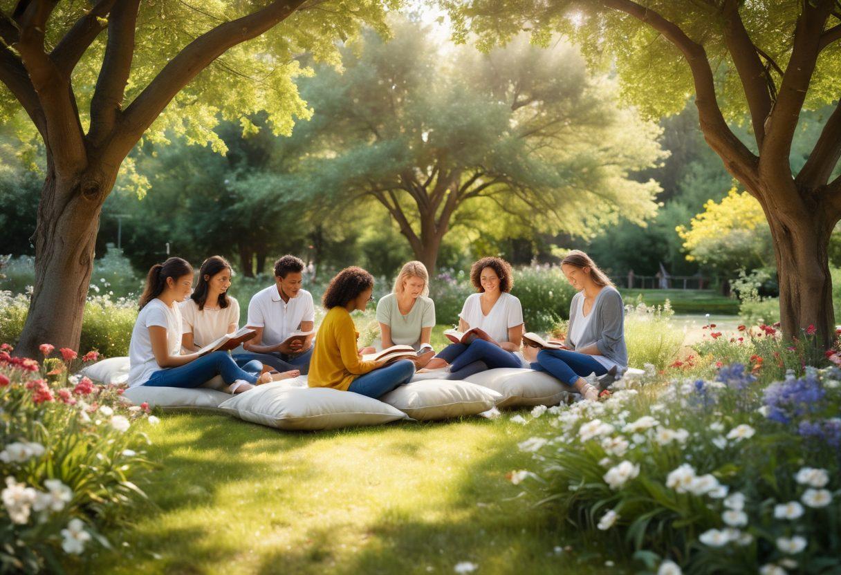 A serene community gathering in a lush park, featuring diverse individuals engaged in therapeutic reading sessions, surrounded by blooming flowers symbolizing healing. Soft sunlight filters through the trees, creating a warm and inviting atmosphere. Include a cozy reading nook with books piled around and soft cushions, radiating a sense of support and togetherness. Illustrate expressions of joy, contemplation, and connection among participants. vibrant colors. super-realistic. calming atmosphere.